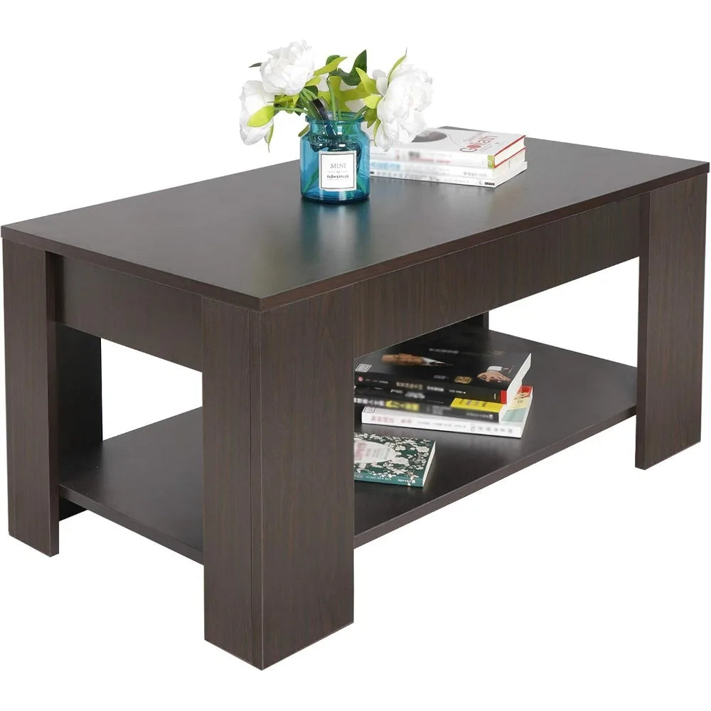 Modern lift top coffee table w/hidden compartment and storage shelves pop-up cocktail for living room reception