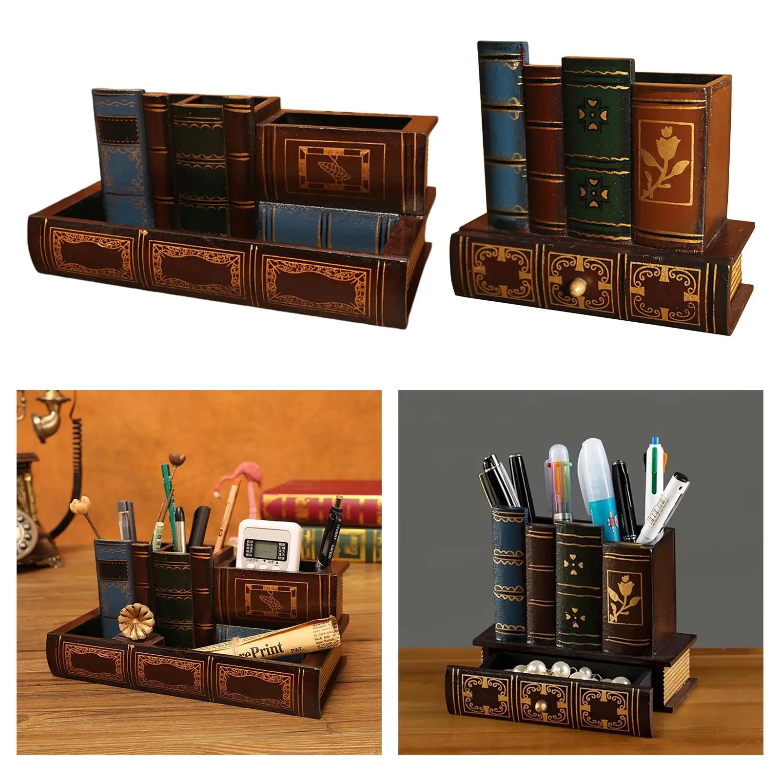 Wooden pen holder book shaped multi-functional desk organizer case pencils storage box vintage classroom table home