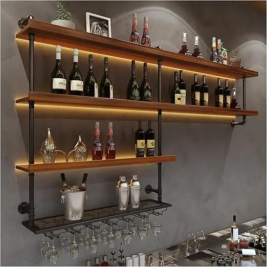 Solid wood wall mounted wine rack large with led light 4 tiers liquor bottles floating shelves glass holder in - united