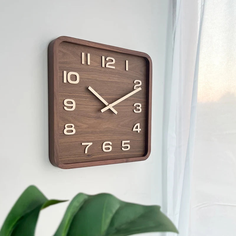Solid wood square wall clock retro walnut silent chinese punch-free living room