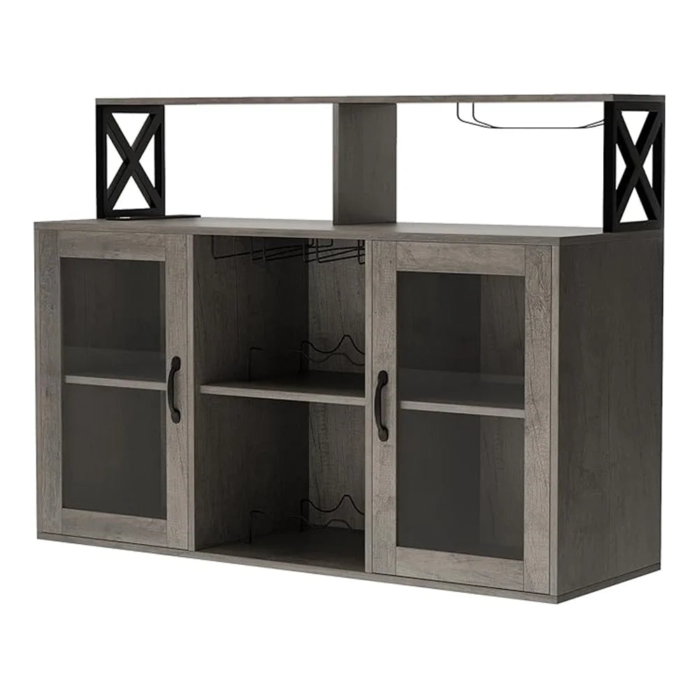 Wine bar cabinet with led light tempered glass doors power outlet and goblet holder,liquor storage for dining room