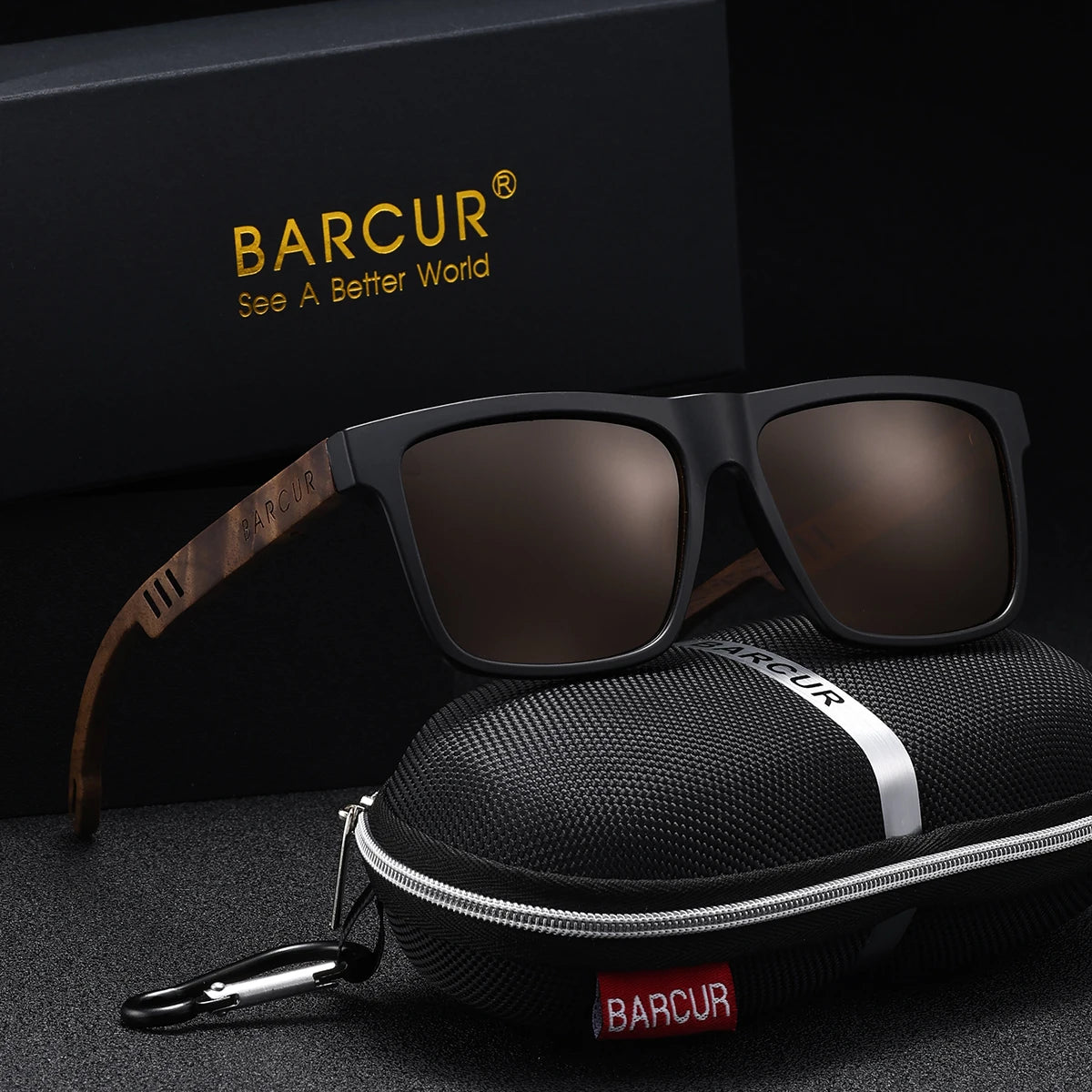 Barcur retro imitation wood grain square men’s polarized sunglasses full frame advanced design uv400 women - blacktea
