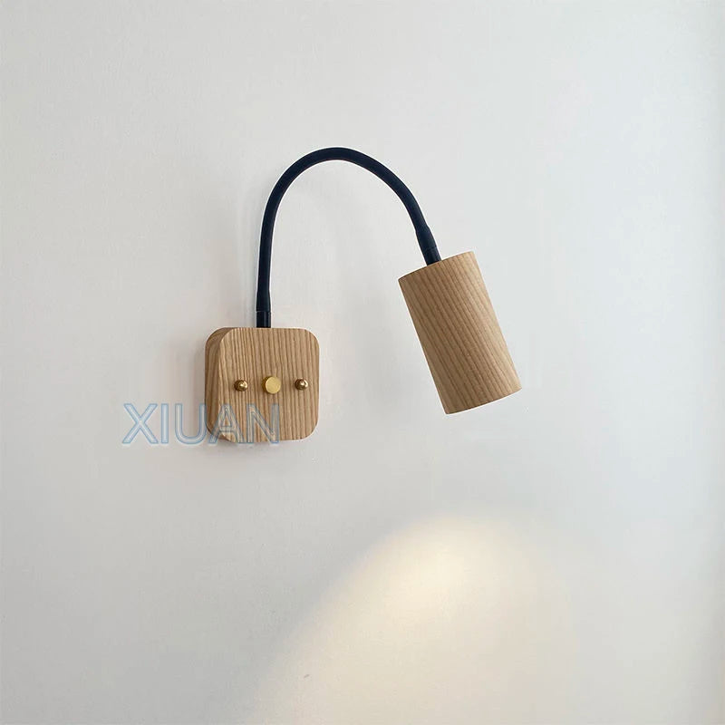 Vintage retro walnut wood color wall lights 360 degree rotatable lamp arm japanese bedroom bedside reading with switch