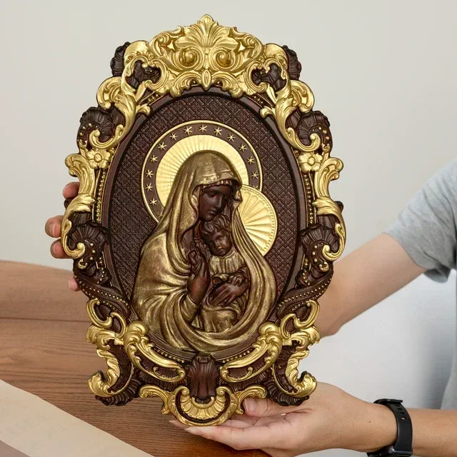 High quality religious wood carving virgin mary and baby jesus catholic home decor - gold / 35cm - (christian)