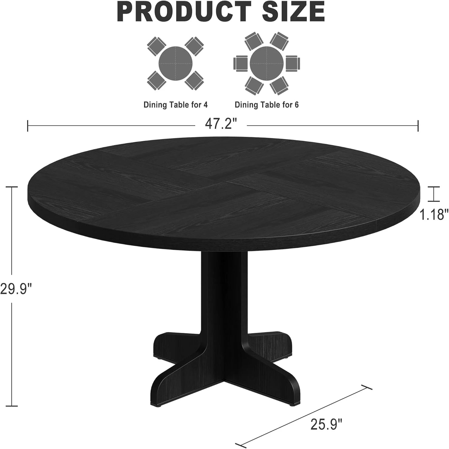 Round dining table for 4 47 inch farmhouse kitchen with wood tabletop and stable base home - black / united states