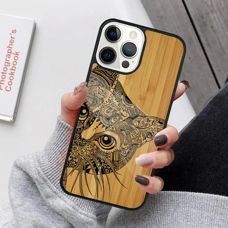 Bamboo wooden animals phone case for iphone 17 air 16 15 14 12 pro max plus magsafe magnetic wireless charging cover