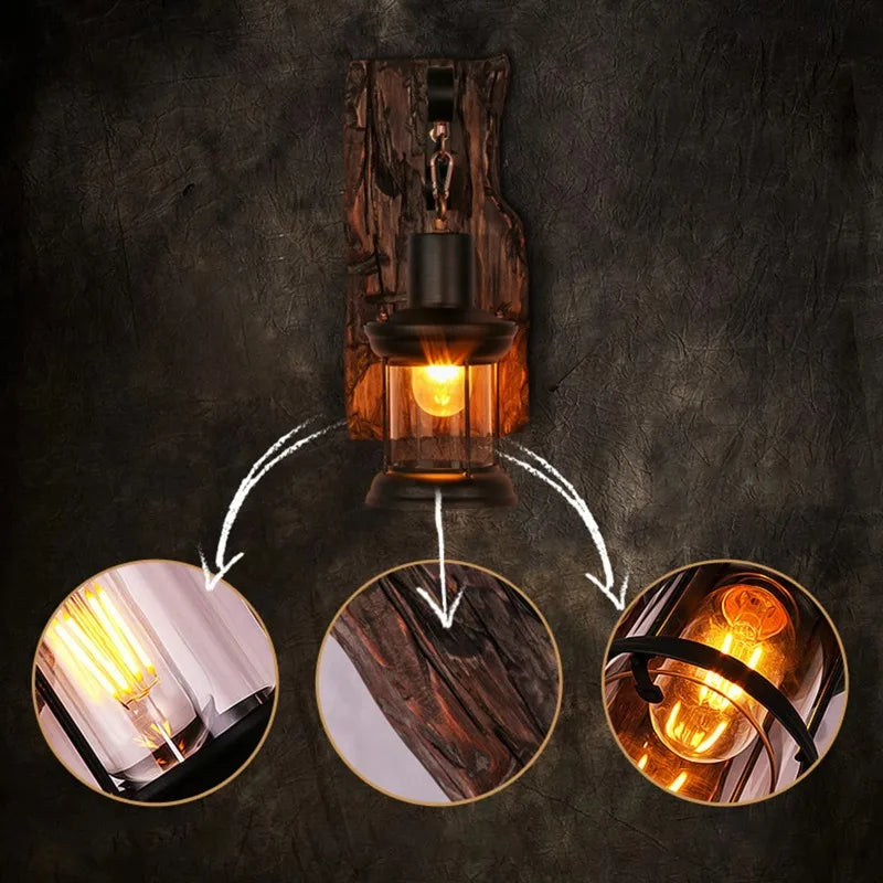 Antique new style industrial wood wall sconce light rustic lamp decorate iron metal art for bar loft corridor