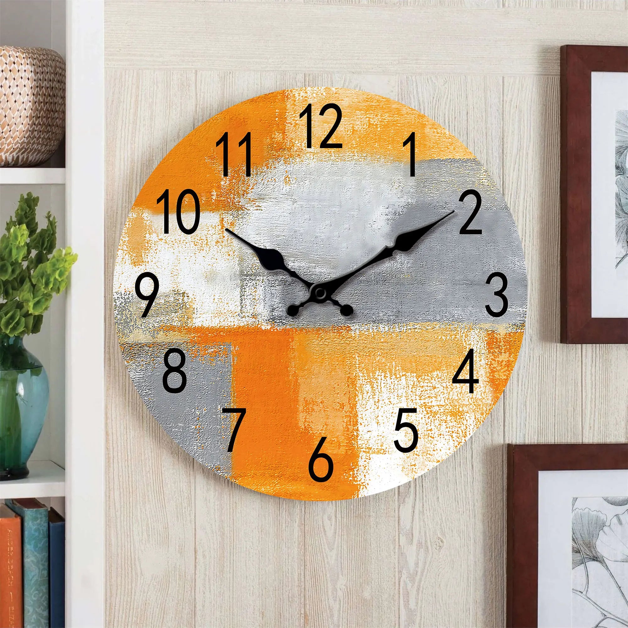 Abstract orange gray oil painting wall clock silent non-ticking wooden suitable for living room bedroom dec