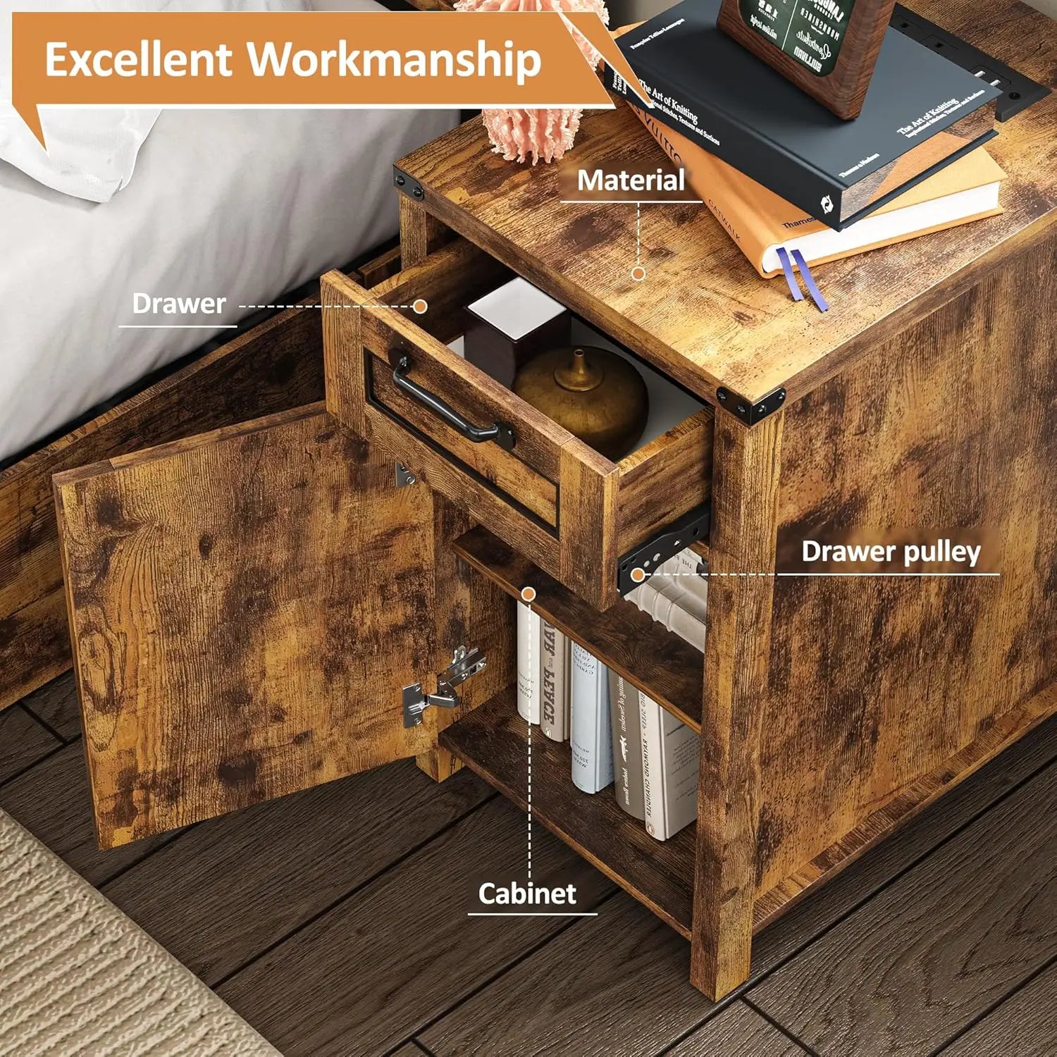 Vabches nightstand with drawer&storage cabinet farmhouse night stand power outlet wood end table bedside for bedroom