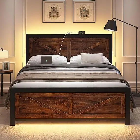 Led bed frame king size with charging station industrial platform rustic barn door wood headboard strong metal - brown
