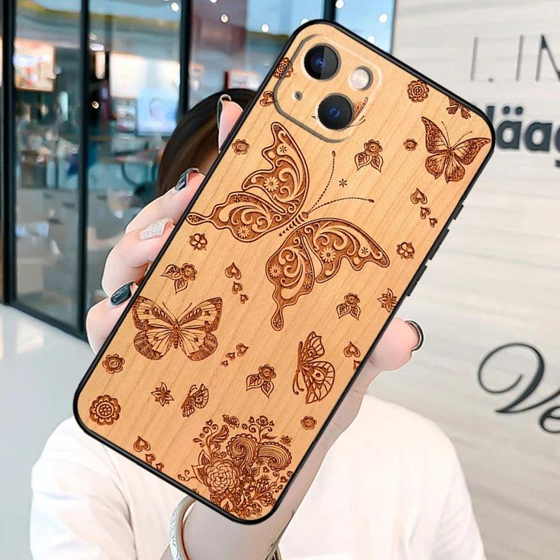 Wolf bike butterfly wood phone case for iphone 13 12 mini 11 14 15 16 pro max plus x xs xr cover shell - ooo877 / mini
