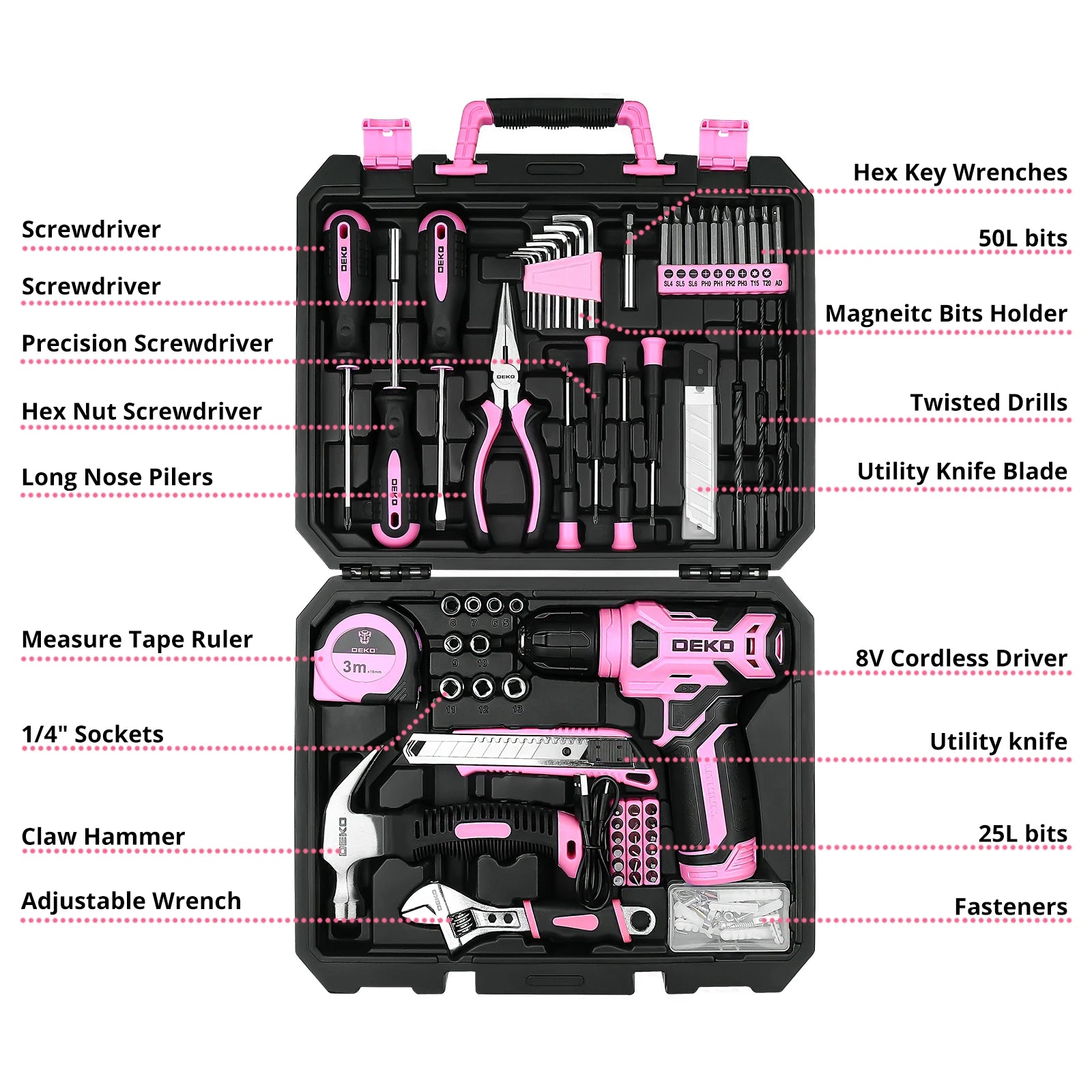Deko 126pcs power tool combo kits with 8v cordless drill,10mm 3/8’’ keyless chuck,professional home household diy hand