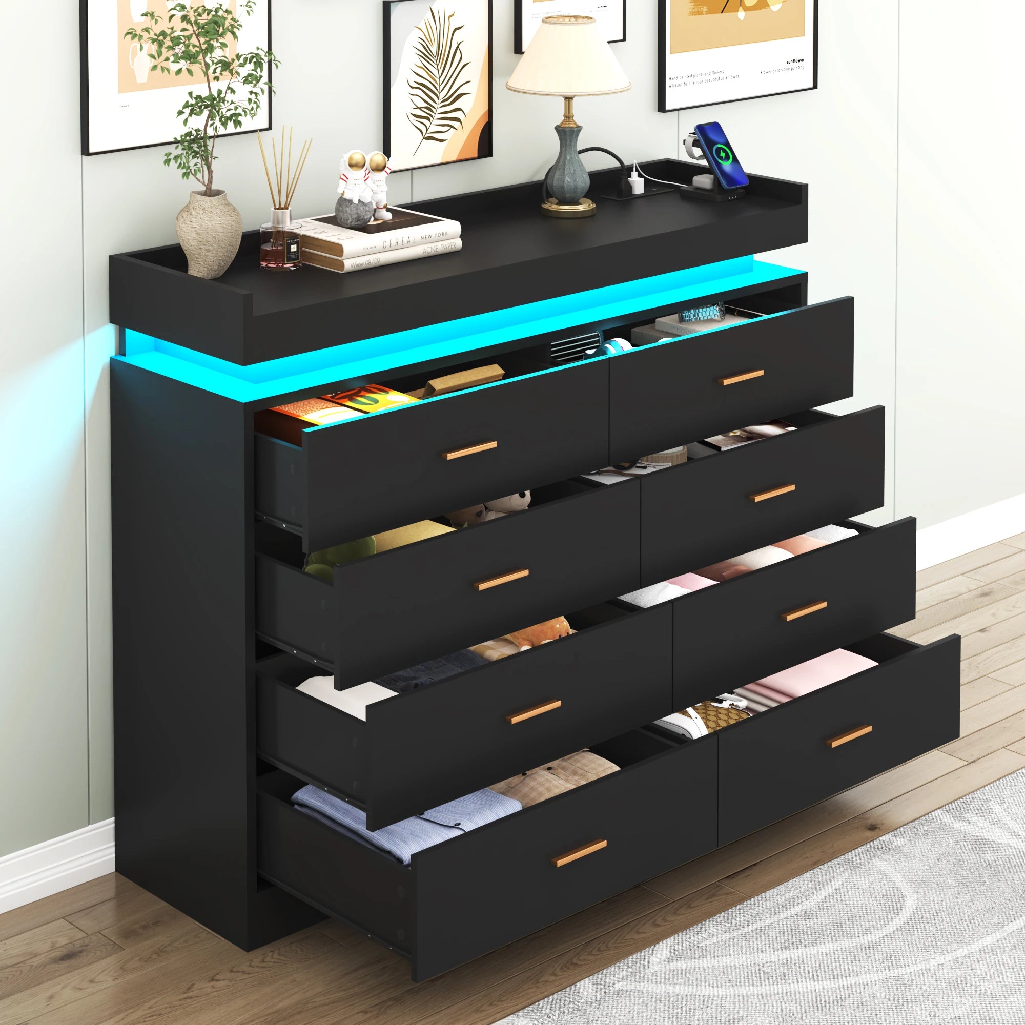 8 drawer dresser with led light modern chest of drawers for closet 47’’ wide organizer cabinet bedroom living room