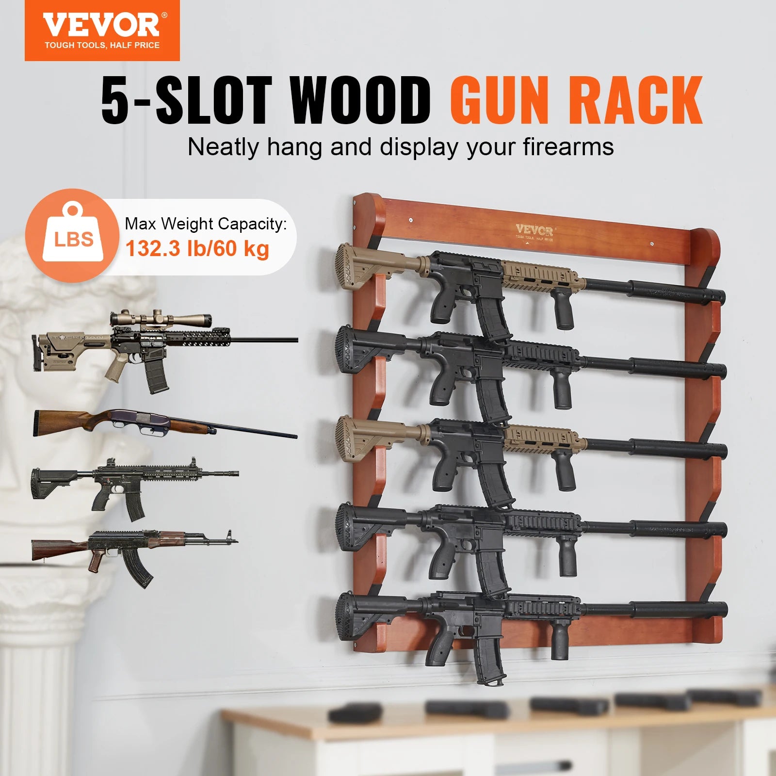 Vevor gun rack wood wall mount display holds 4/5 rifles shotguns 132 lbs heavy duty rifle w/ soft padding - 4-slot