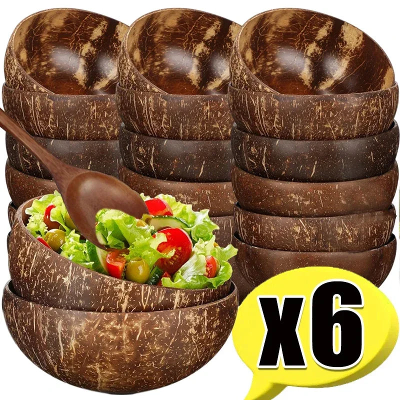 New coconut bowls and wooden spoon sets reusable natural shell for dessert yogurt fruit salad kitchen tableware