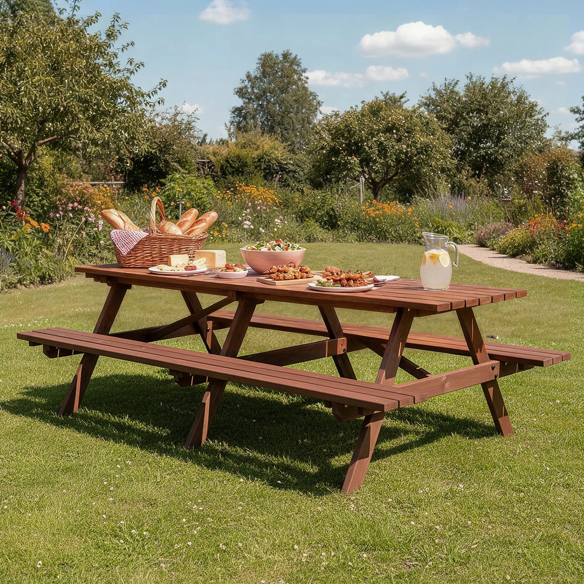 Large 12-person wooden picnic table outdoor weatherproof w/ umbrella hole ideal for bbq & gatherings - chocolate