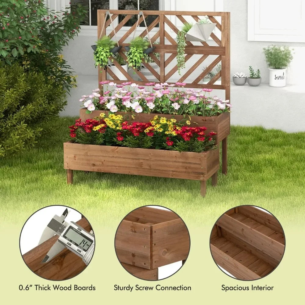 Raised garden bed with trellis 2-tier wooden planter box legs and drain holes for vine fruit veget - united states