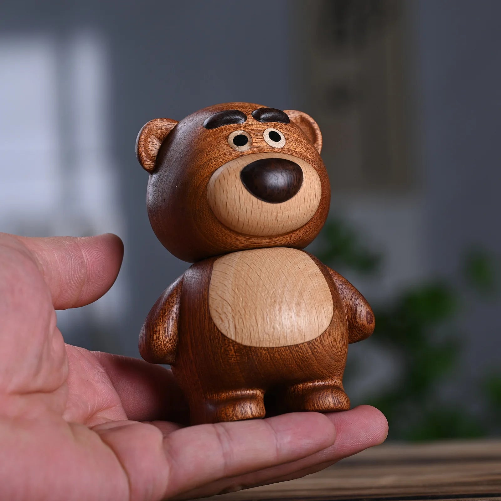 Miniature solid wood carving cute little bear statuette toothpick jar 4.13’’ wooden crafts table decoration