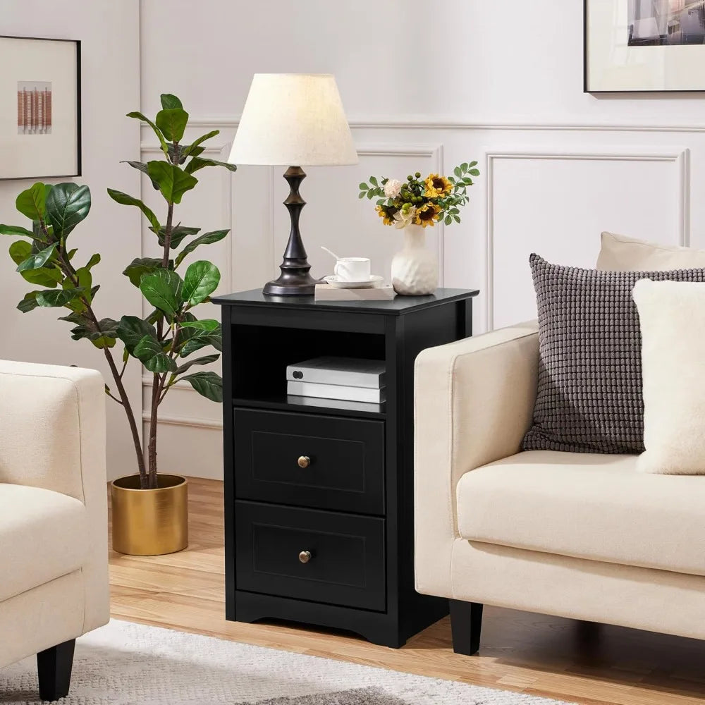 Nightstand set of 2 wooden bedside tables with drawer and cubby 2pcs tall for bedroom small space