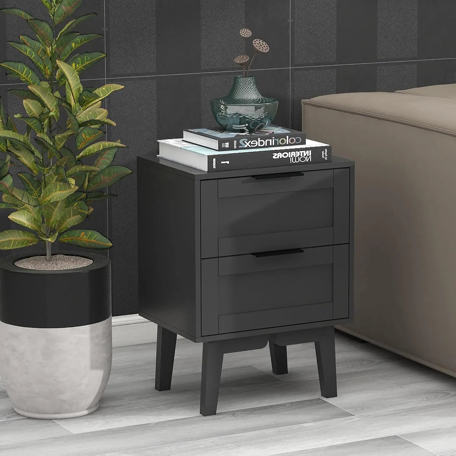 Modern black night stand with drawer mid century wooden nightstand bedside table end storage for bedroom 22 inch bed