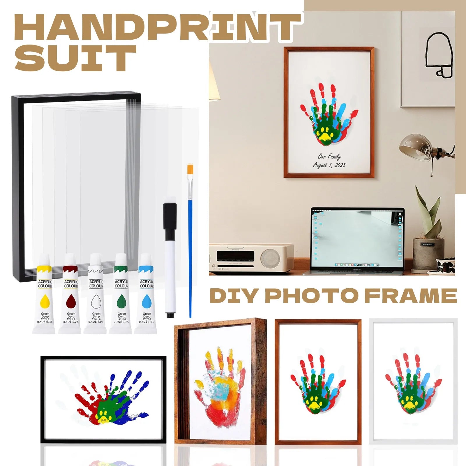 Clear family handprint kit diy handmade keepsake wooden frame with 6 paints pen eraser paintbrush baby gift