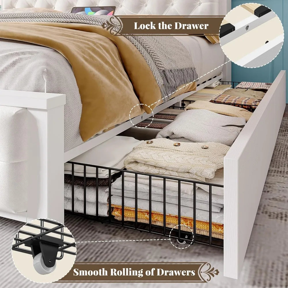 Enhomee queen bed frame with storage headboard & 4 drawers,wooden size charging station led lights uphols - united