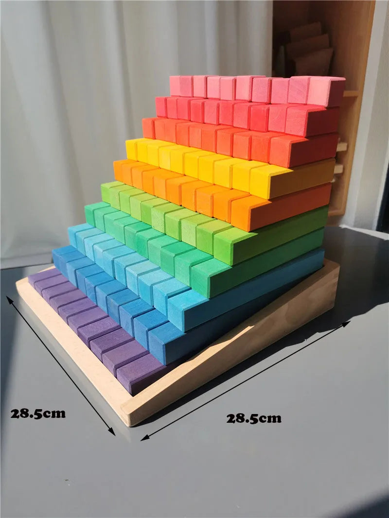 Large wooden building blocks set rainbow stacking counting timber square construction tube toys for kids educational