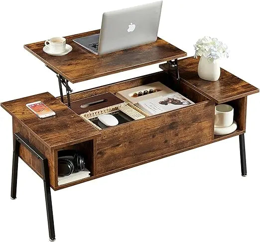 Wood lift top coffee table with hidden compartment and storage shelf for living room/office reception rising tabletop