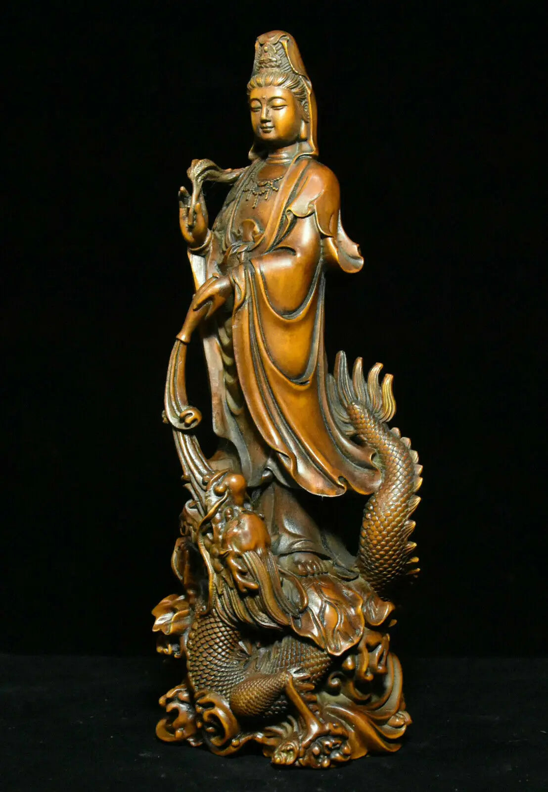 Old china boxwood wood dragon kwan-yin boddhisattva loong guanyin goddess statue buddha statue - religious (buddhist)