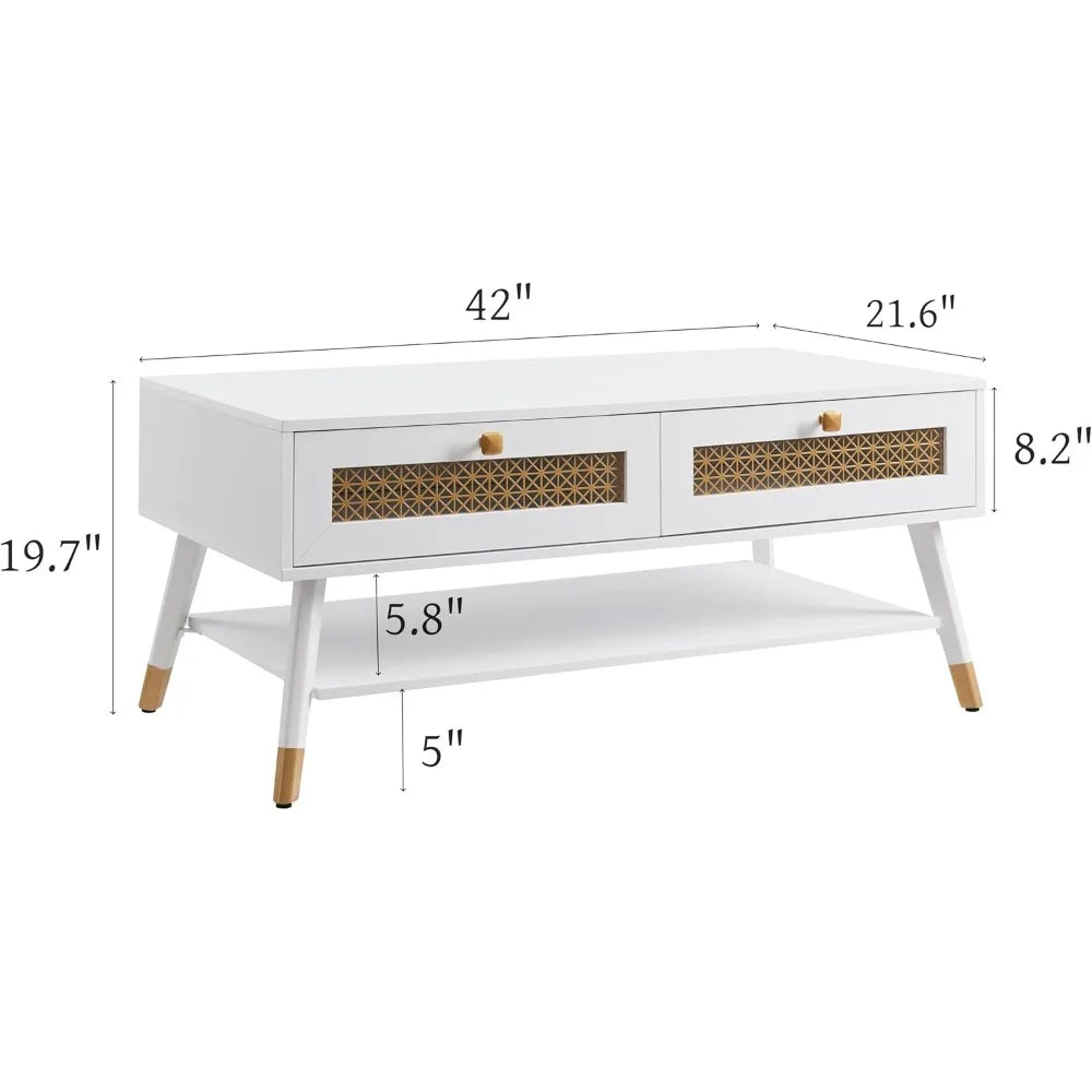 Wooden mid century modern coffee table retangle accent center with two drawers tables for living room white