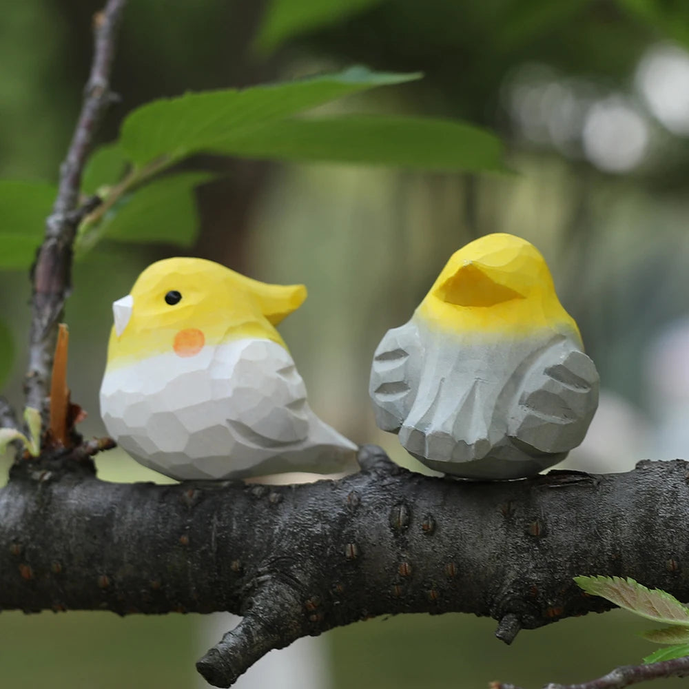Hand-carved cockatiel figurine - wooden parrot decor for home/office unique bird lover gift cute yellow crested