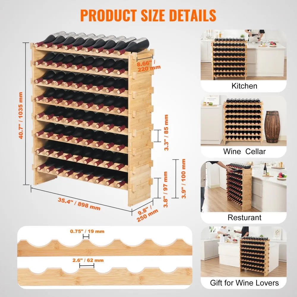 Vevor 18/36/42/48/72bottle stackable modular wine rack free standing storage bamboo holder display shelves cellar - 72