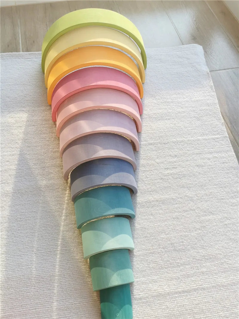High quality wooden toys pastel basswood rainbow stacking blocks pine building semi sorting peg dolls balls for kids