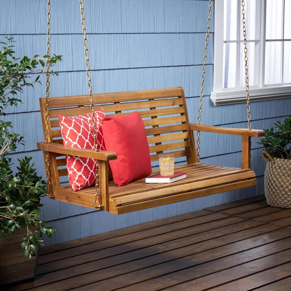 Wooden porch swing 2-seater classic slat design hanging chair with durable acacia frame water-resistant outdoor bench
