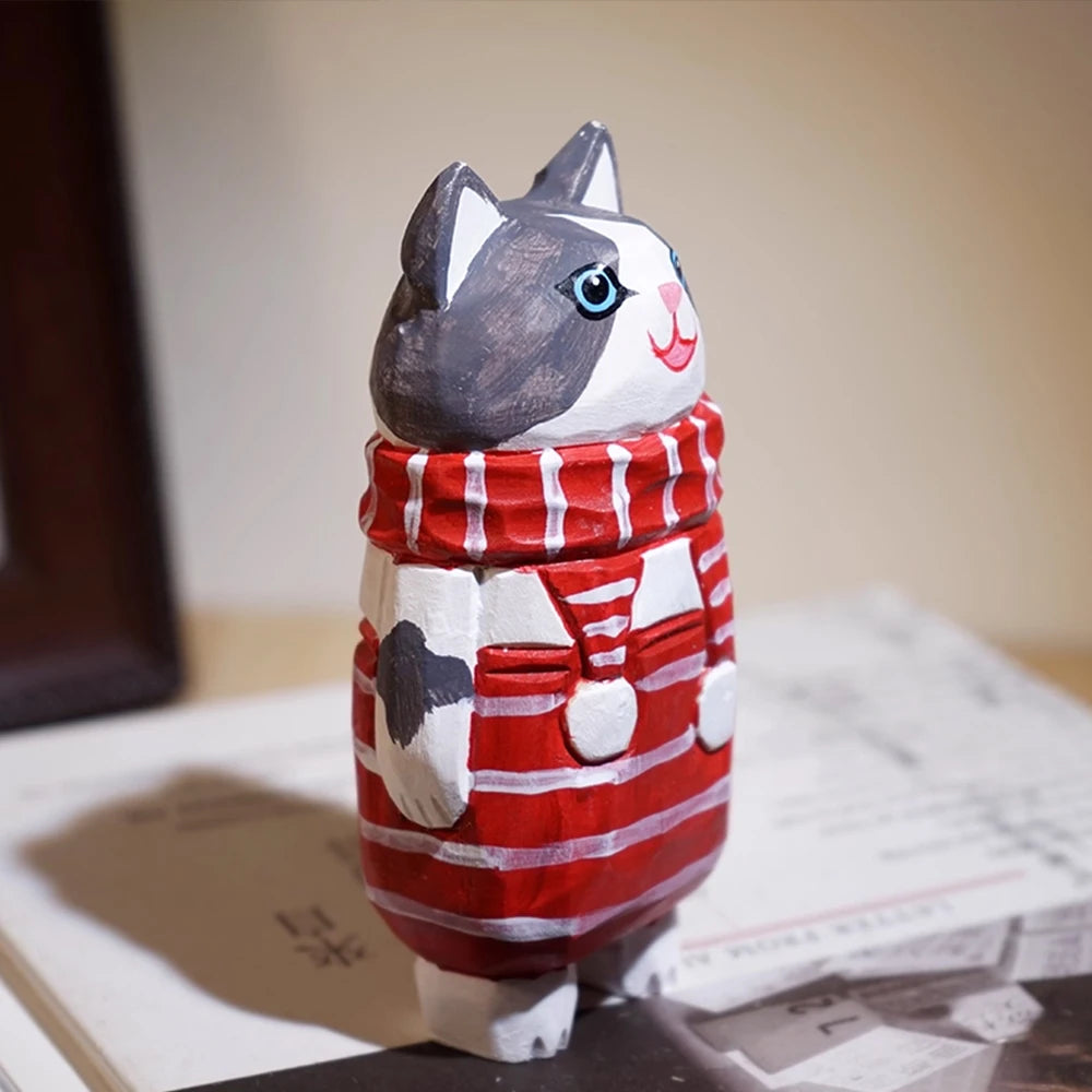 Christmas decorations wooden kitten couple sculpture home decoration handmade wood carving ornaments small animal