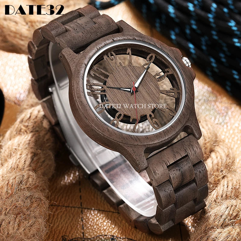 Natural bamboo wood watch for men full-wooden hollow case band watches man quartz wristwatch real wooden clock male