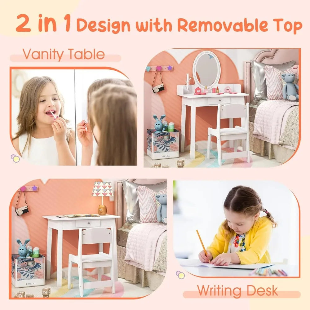 Kids vanity girls set with mirror and stool lights drawer jewelry rack 2 in 1 wooden princess makeup desk dressi