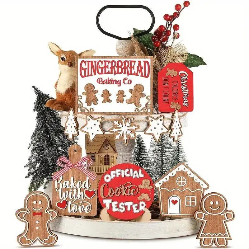 12-piece wooden christmas tiered tray set: featuring colorful snowmen gingerbread and santa signs for festive cheer