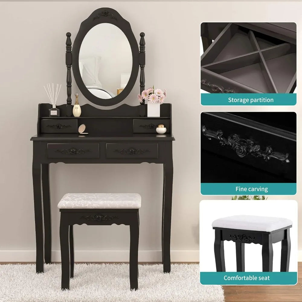 Girls vanity desk makeup set with mirror & stool table black 4 drawers vintage rose carving - united states