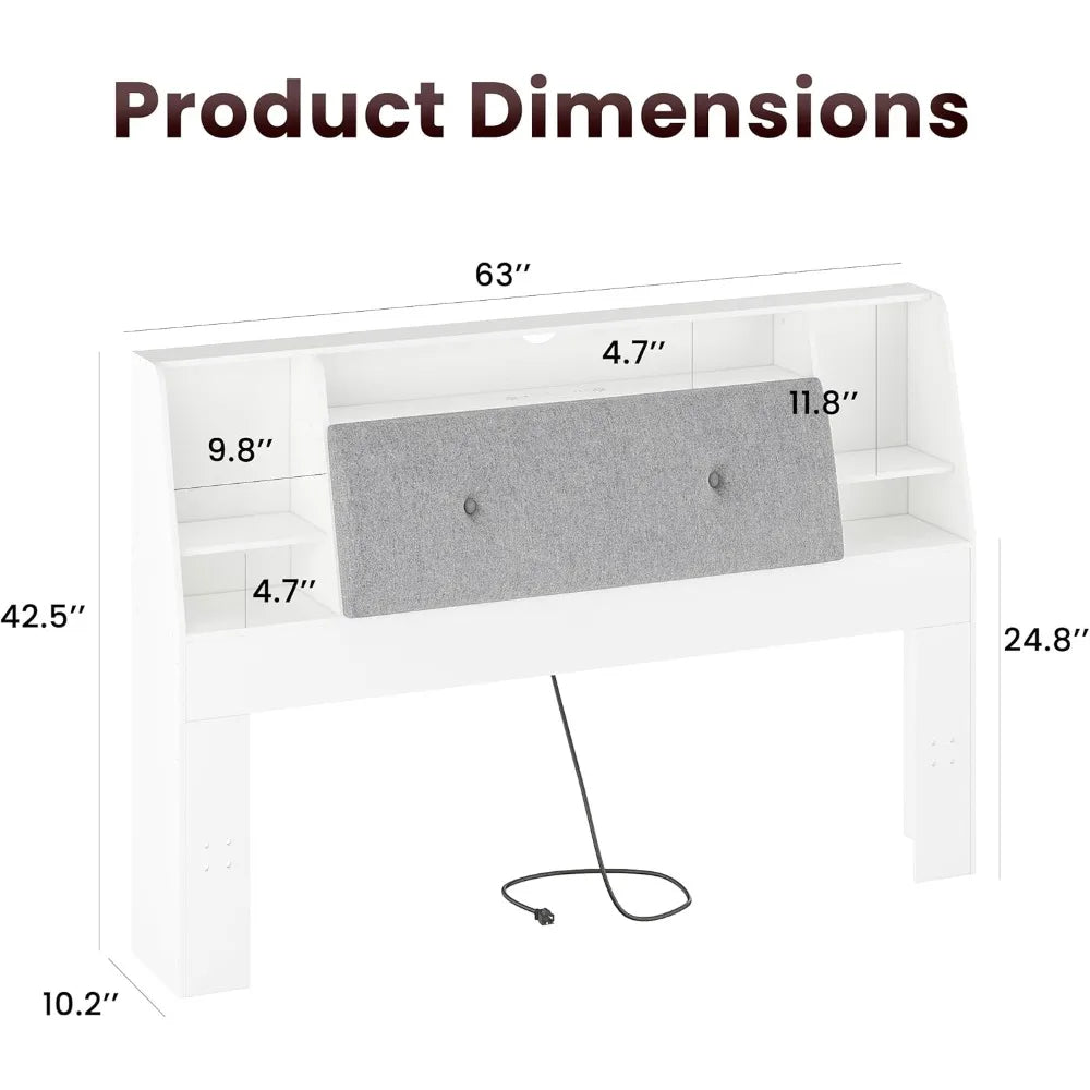 Headboard queen size with storage upholstered wood bookcase charging station & 2 led lights (white queen-soft)