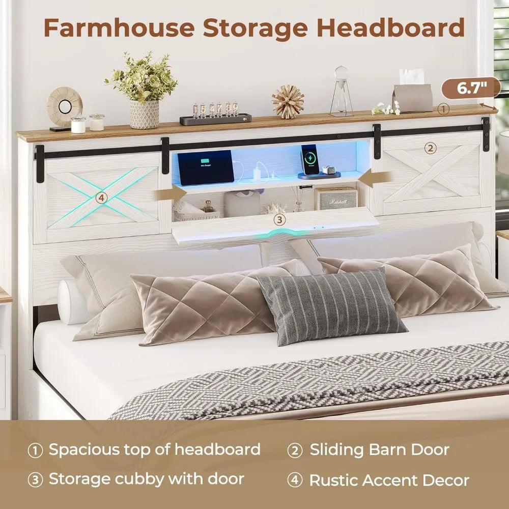 Hasuit farmhouse bed frame california king size with storage bookcase headboard wooden cal led lights charging s