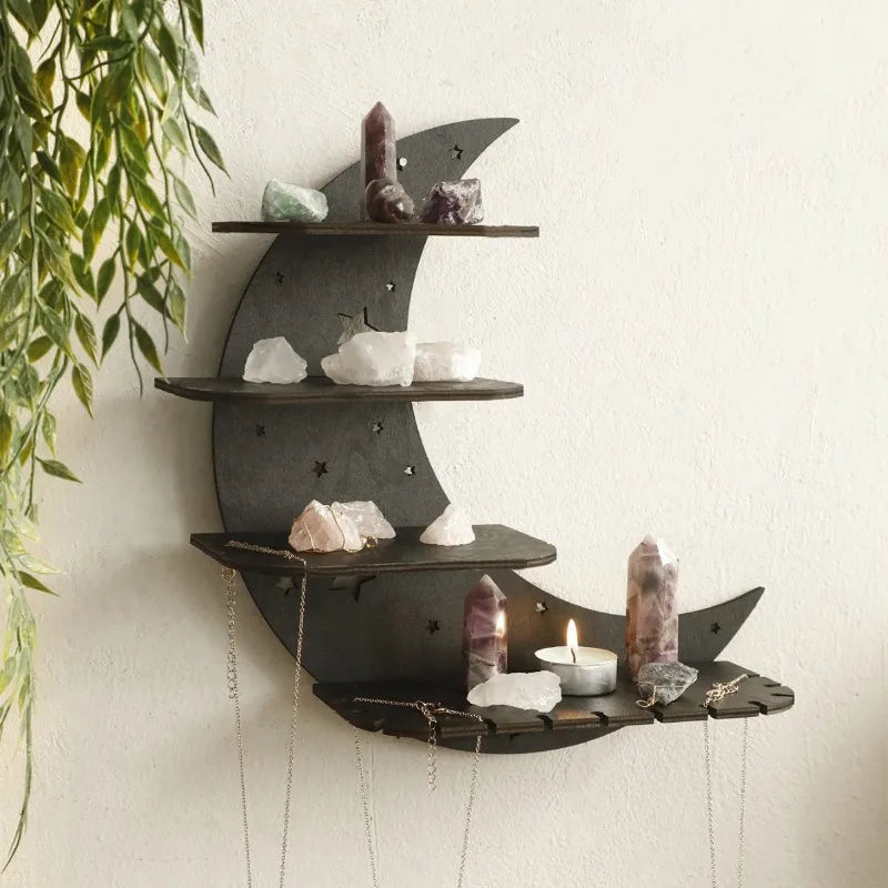 Wooden moon staircase crystal candle holder wall decor - home decoration art craft wall-mounted shelf for living room