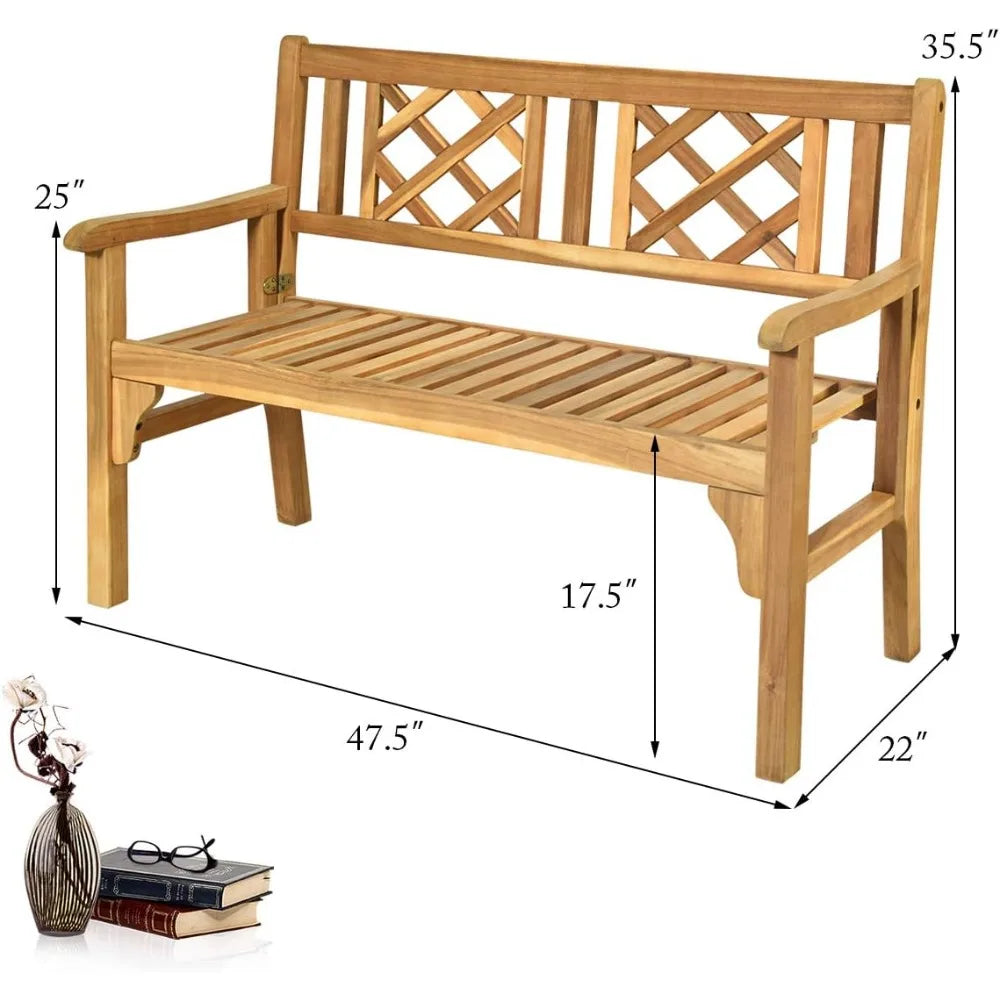 Giantex 4 ft foldable outdoor bench acacia wood outside loveseat with curved backrest and armrest 705lbs weight