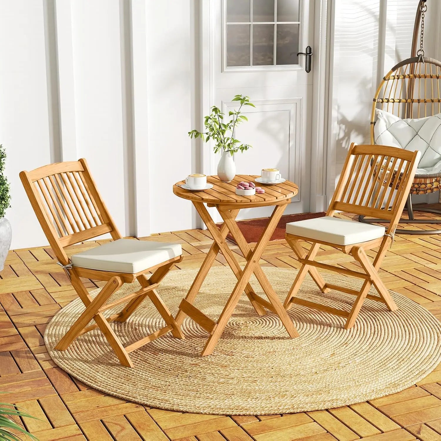 3 pieces acacia wood patio folding bistro set outdoor table and chairs with soft cushions furniture for porch - united
