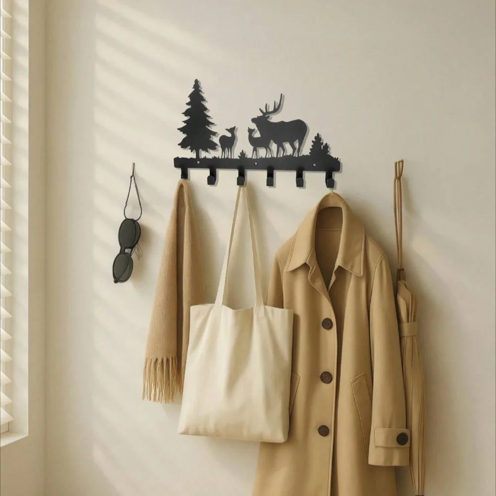 Rustic wooden coat rack with bear & deer hooks - wall mounted tree branch design for towels jackets | farmhouse