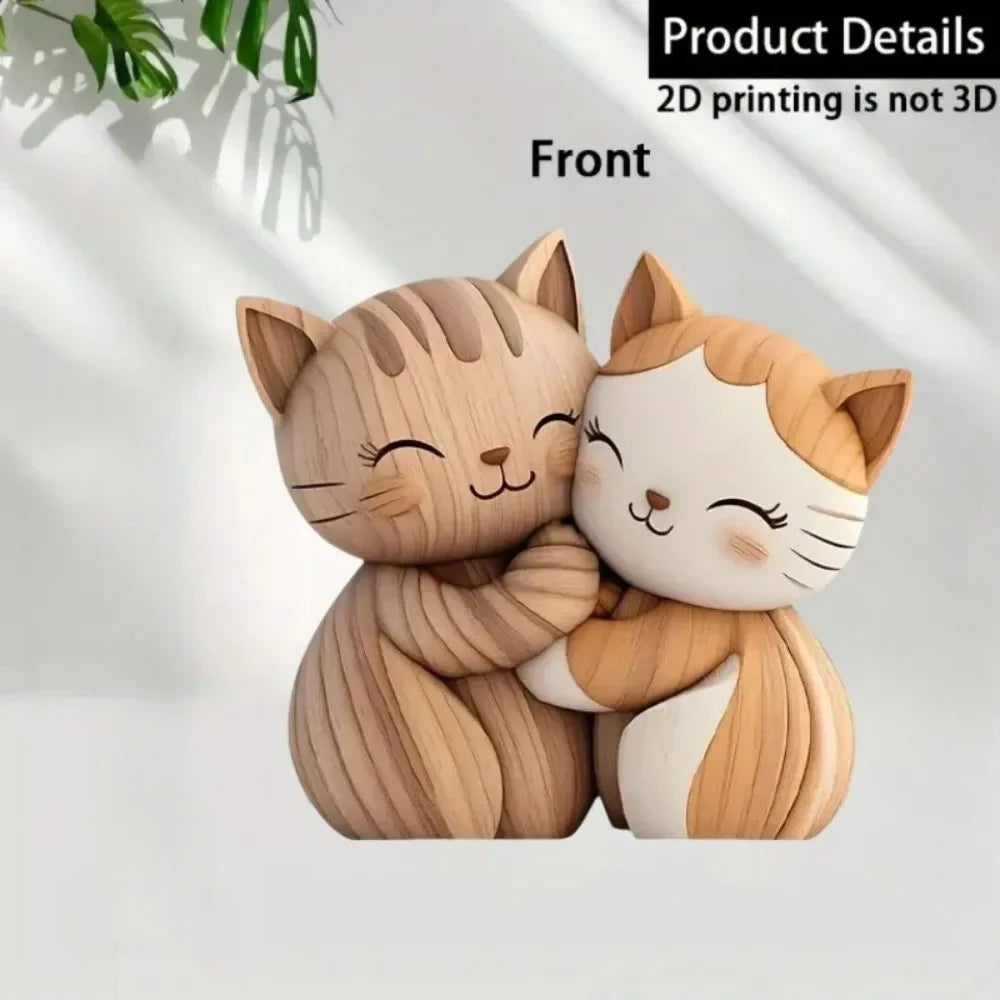 2d flat cat wooden kitten dog couple sculpture enthusiast gift light and dark wood grain desktop entrance home