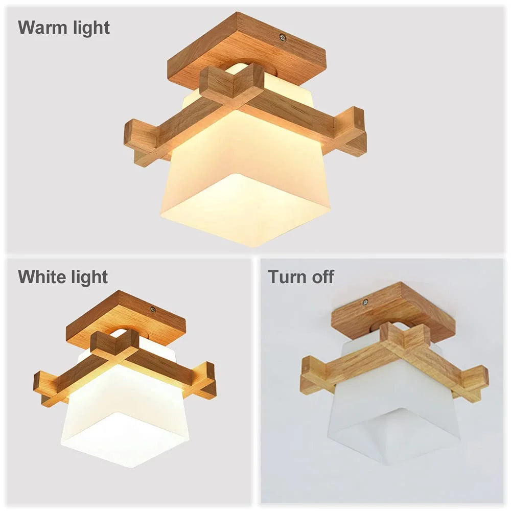 Modern wooden ceiling light glass lampshade with warm blub e27 bulbs universal pendant fixtures for hallway porch