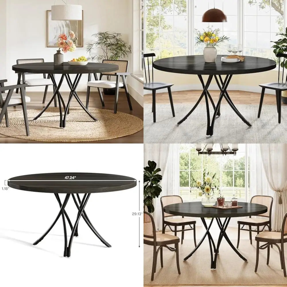 Modern wooden 47’’ round dining table for 4-6 people with sturdy metal cross base - united states / black