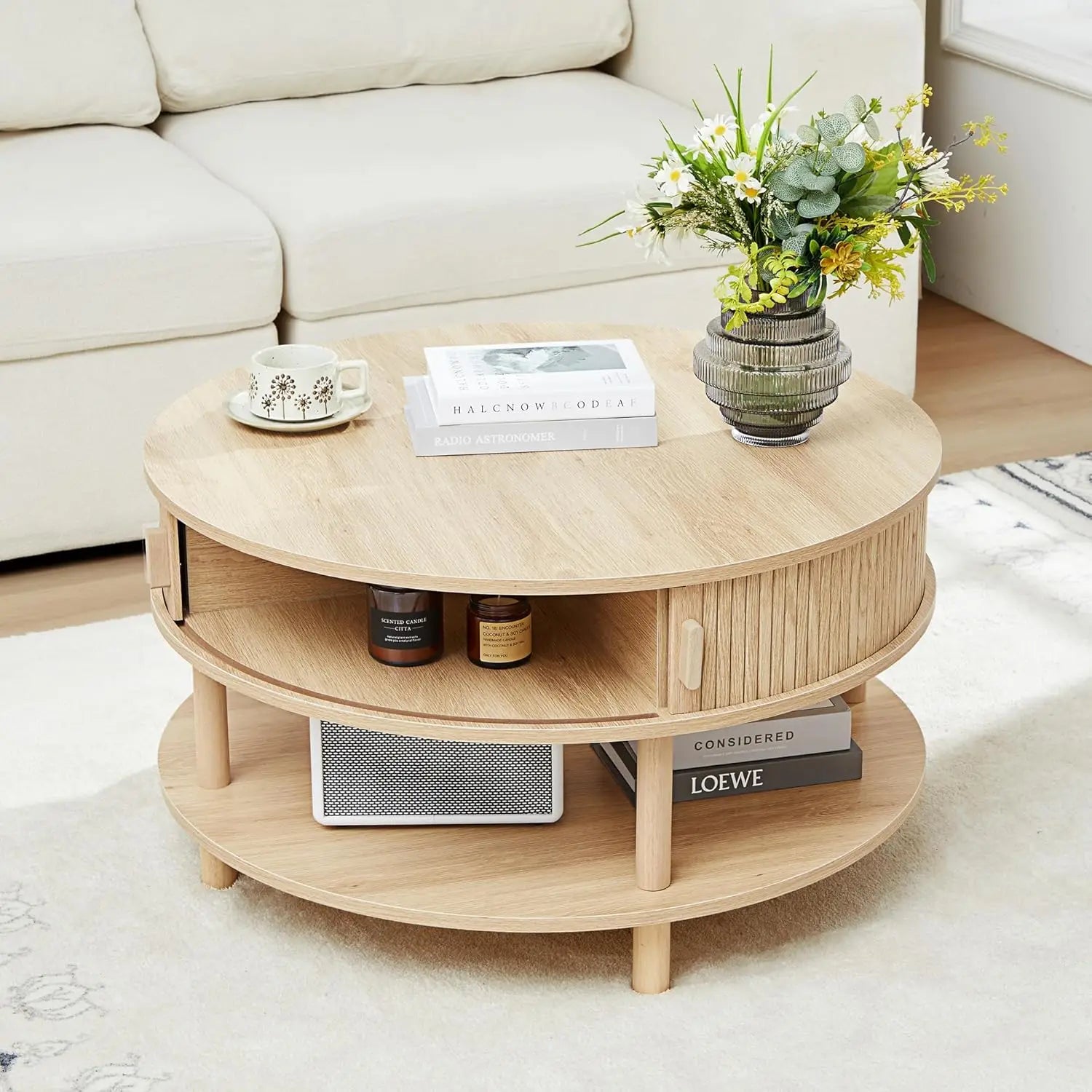 31.5” round coffee table with storage mid century modern 2 tier tambour sliding door solid wood legs fluted - 31.5