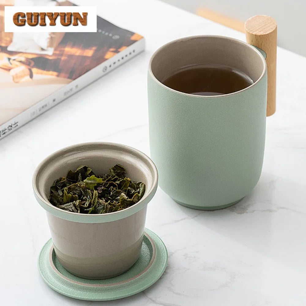 380ml teacup mugs with dustproof lid tea filter heat resistant infuser coffee cup wooden handle personal mug